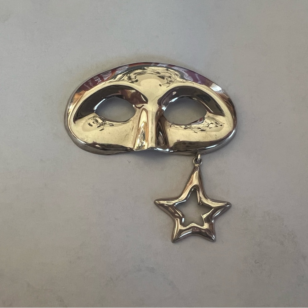Vintage Silver Mask with Dangling Star Pendant/Pin